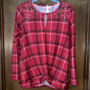 NY Collection Red Plaid Studded Blouse